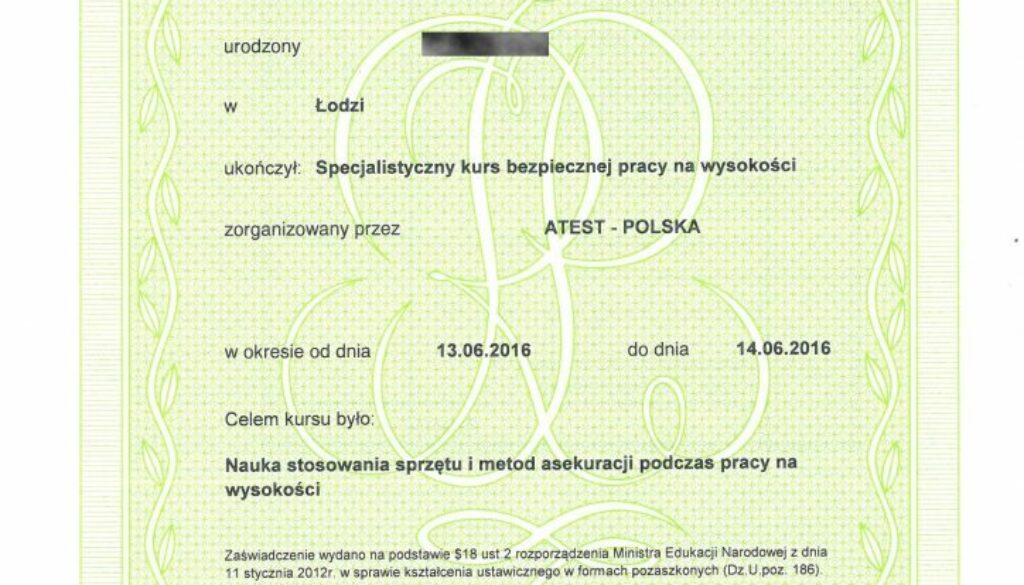 ATEST-POLSKA 2016 TB szkol. praca na wysokości RODO