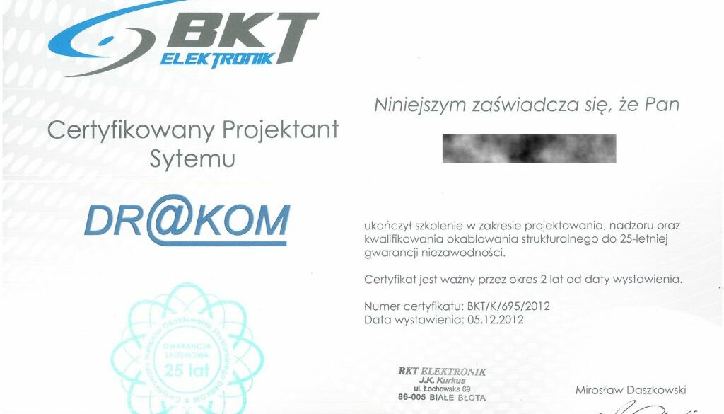 BKT 2012 TB Certyfikowany Projektant Systemu RODO