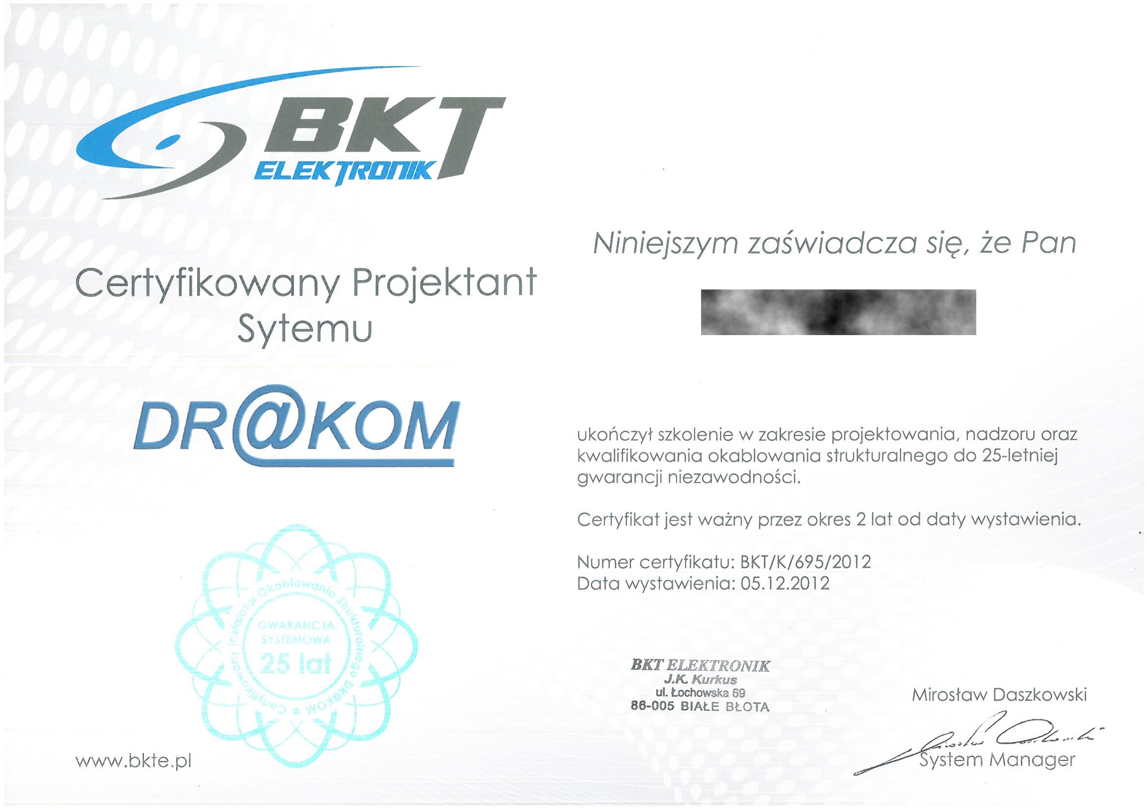 BKT 2012 TB Certyfikowany Projektant Systemu RODO